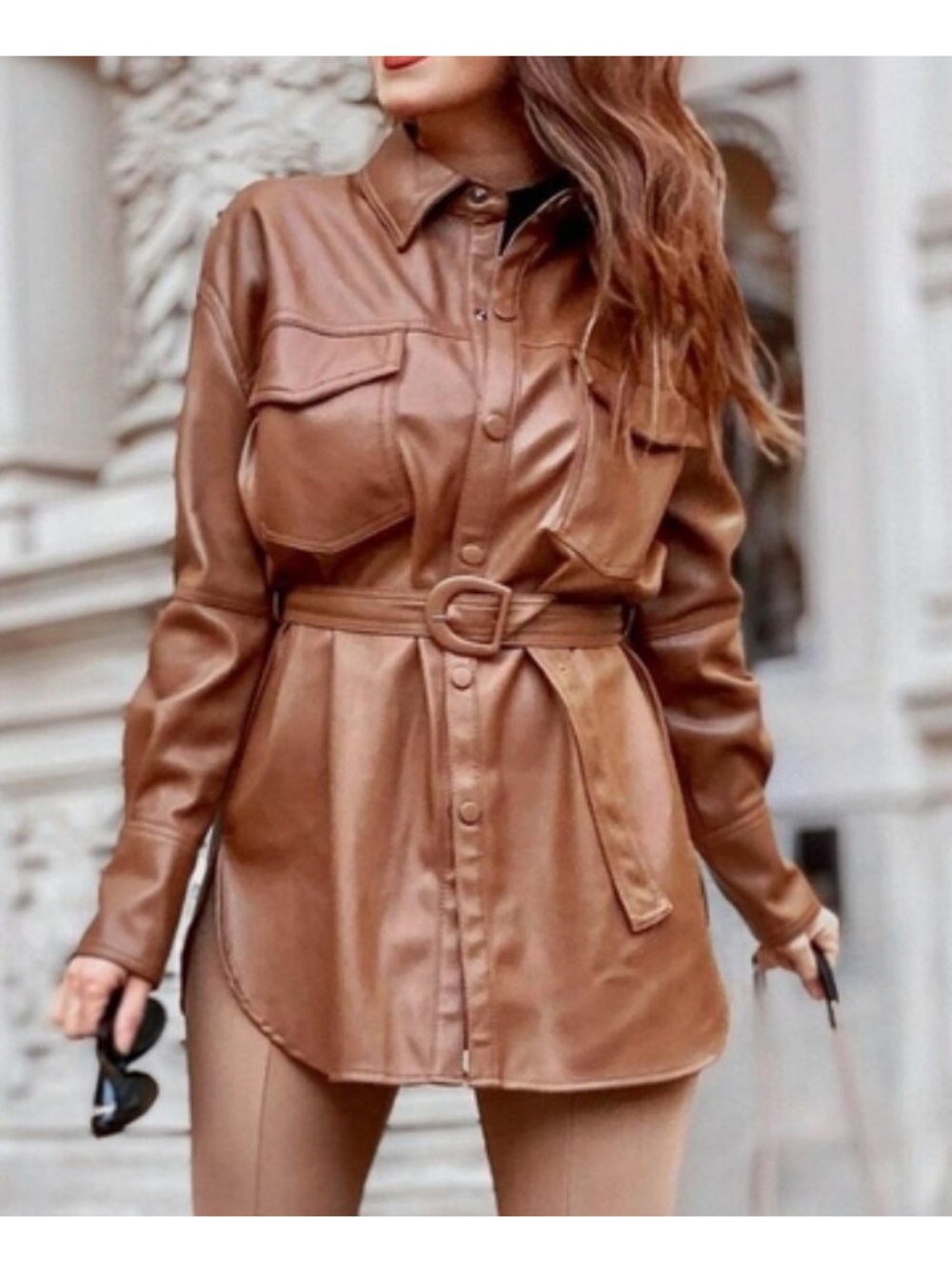 Camel Faux-Leather Shirt Jacket with Belt